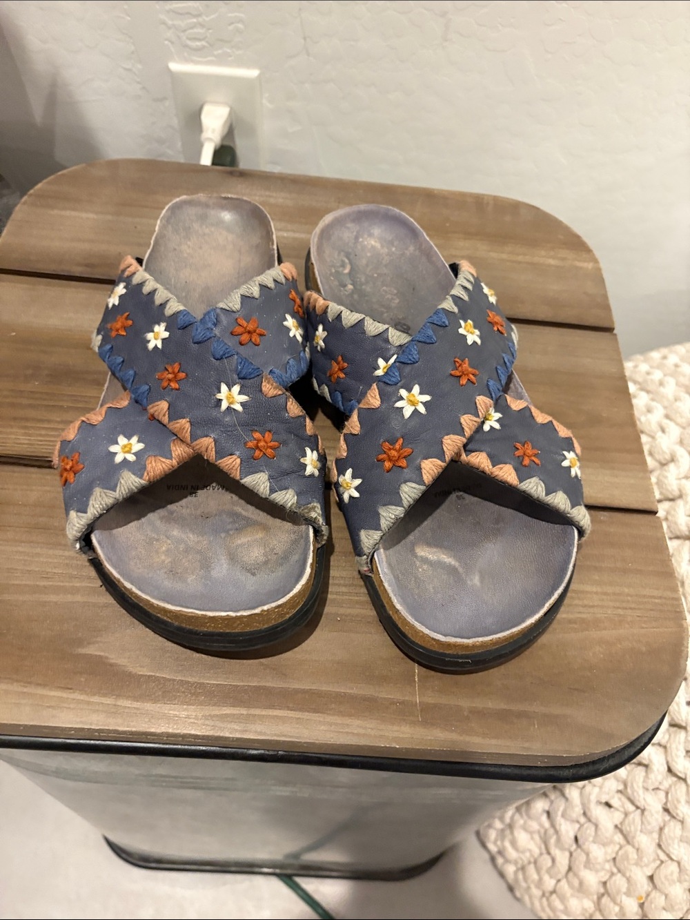 Free People Navy Crisscross Sandals with Orange & White Floral Embroidery